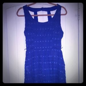 Blue dress with flowers embroidered backless mini
